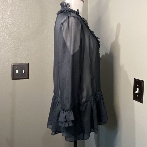 Rebecca Taylor Black Sheer Button Down Ruffle Blouse Long Sleeve - Picture 6 of 12